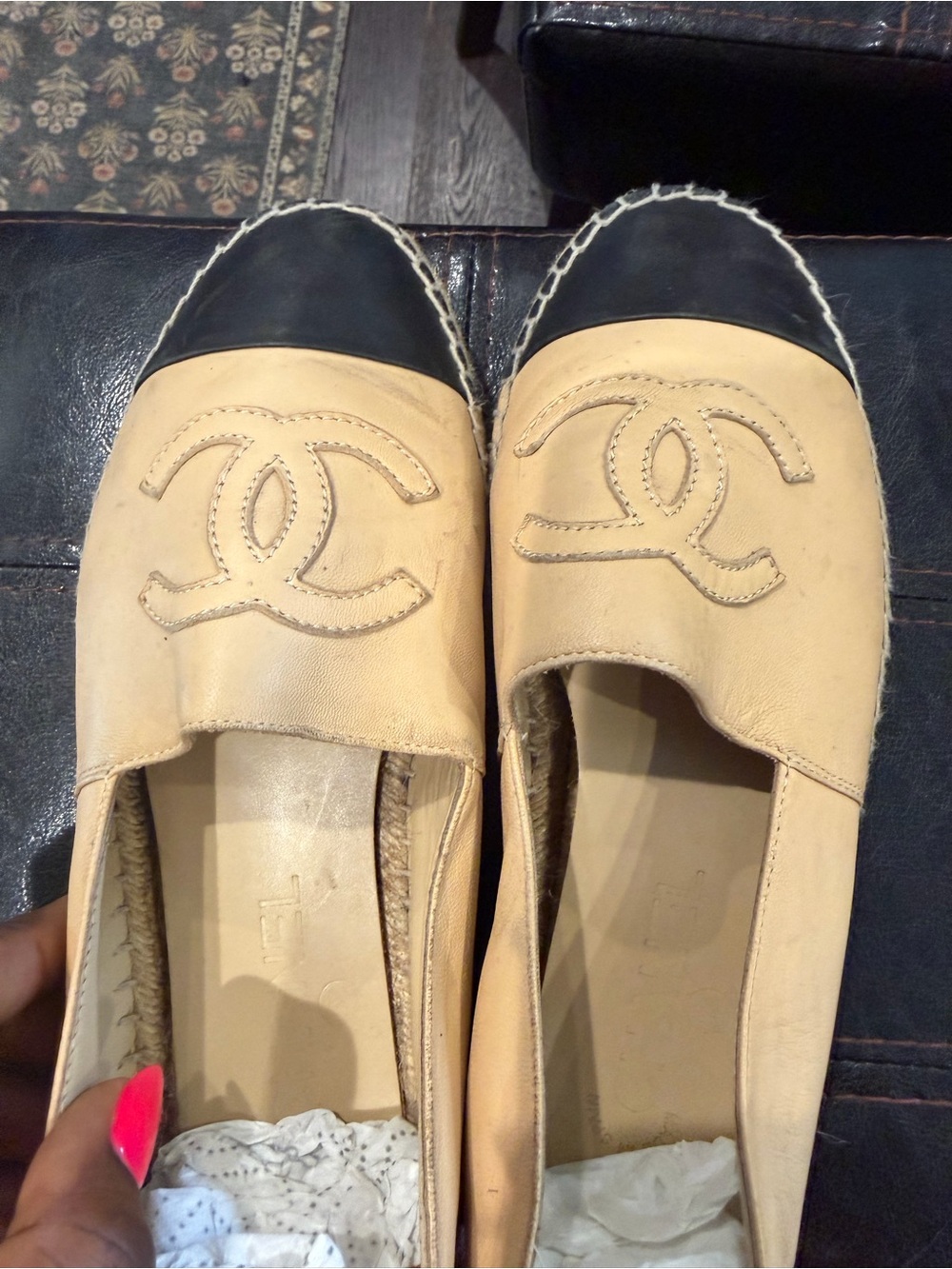CHANEL Beige Leather Espadrille Slip-Ons with Black Cap Toe